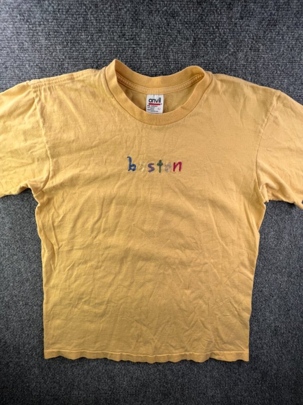 VTG Anvil Yellow Short Sleeve Cotton T Shirt Boston Mass. USA Made Large Unisex